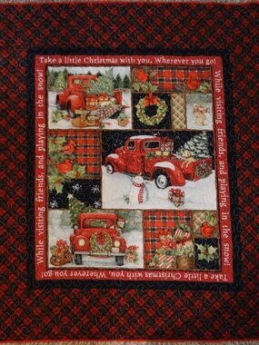 Handmade Red Truck Christmas Quilt, Fleece Backing, Holiday Throw (47"x57")